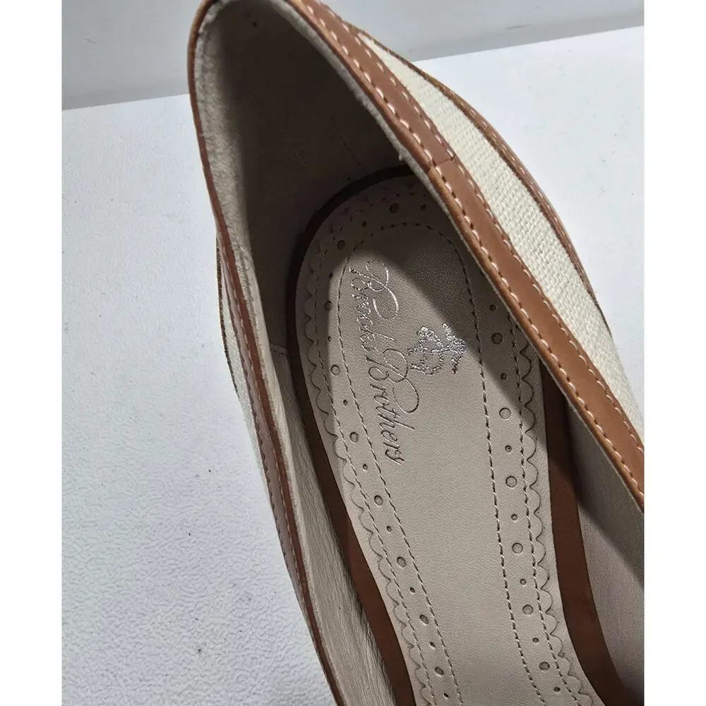 Brooks Brothers Spectator Heels Fringe & Bow Cognac/Natural Sz 7.5 M